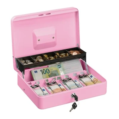Immagine di Relaxdays Cassetta di Sicurezza per Soldi, con Scomparto Monete e 4 Vani Banconote, 8,5x30,5x24,5 cm, Rosa, Ferro