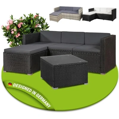Immagine di Juskys lounge in polyrattan Punta Cana M resistente alle intemperie con divano 3 posti, sgabello, tavolo e cuscini per 4 persone da giardino Set di mobili nero/grigio