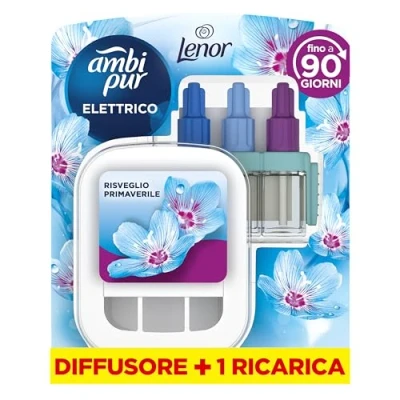 Immagine di Ambi Pur 3Volution Profumatore per Ambienti, 1 Diffusore Elettrico Ambiente e 4 Ricariche, Fragranza Risveglio Primaverile, Teconologia Elimina Odori, Fino a 90 Giorni di Profumo Ricarica