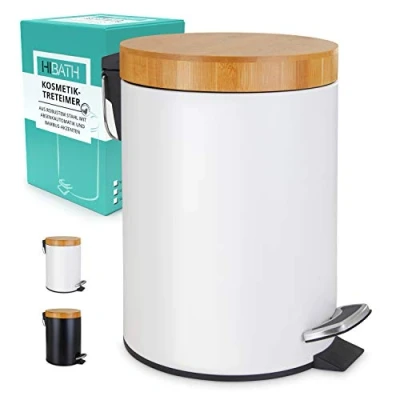 Immagine di HIBATH® Pattumiera da bagno in acciaio inox con coperchio bambù (5 litri, bianco) abbassamento automatico Pratica a pedale per WC