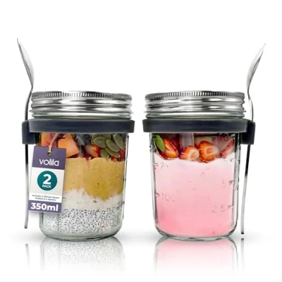 Immagine di volila 350ml Barattoli Overnight Oats Jar, Vasetti Vetro con Coperchio per Marmellate, e Bevande, Contenitore Ermetico a Vite (2 Pack)