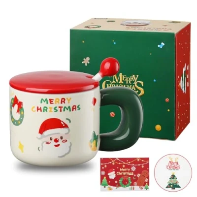 Immagine di DONGSHANGIFT Tazza di Natale in ceramica con coperchio e cucchiaio 12 oz/360ml caffè natalizia carina regalo per donne uomini bambini confezione