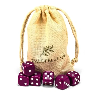 Immagine di Waldfelsen 6, 12, 20, 30 o 50 dadi di alta qualità, dimensioni standard 16 mm, acrilici, da gioco, 6 lati, set accessori gioco con sacchetto stoffa (viola, pezzi)
