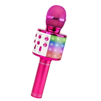 Immagine di ShinePick Microfono Karaoke Bluetooth, bambini, Microfoni Wireless LED Flash Portatile Player con Altoparlante per Android/iOS, PC e Smartphone(Fucsia)
