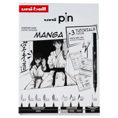 Immagine di uni ball Manga Starter Set con 3 Fineliner, 5 punte a pennello, 1 matita meccanica, inchiostro resistente all&#039;acqua e allo sbiadimento per schizzi, calligrafia, disegno tecnico