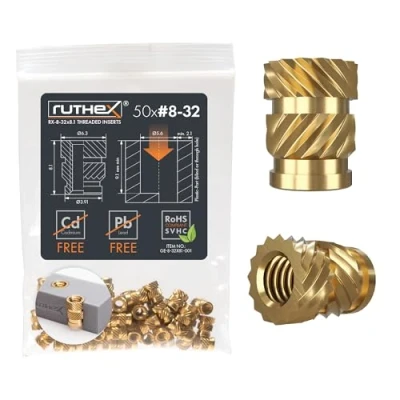 Immagine di ruthex Set di inserti filettati #8 32 UNC (passo grosso), 50 boccole filettate RX 8 32x8,1 in ottone, dadi a pressione robusti per parti plastica stampe 3D, utilizzabili tramite calore