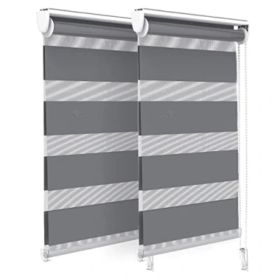 Immagine di VOUNOT Set di 2 Tenda a Rullo Doppia Strato Oscurante Giorno e Notte, Catenella Laterale, Bande Trasparenti Opache, Interno Zebra Blinds Grigio, 45 x 150 cm