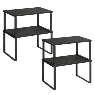 Immagine di SONGMICS Scaffale Portaspezie, Set di 2 Organizzatori da Cucina Espandibili, Impilabile, Metallo e Legno Ingegnerizzato, Nero Inchiostro Ebano KCS02B01