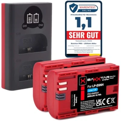 Immagine di Baxxtar Pro LP E6NH 2600mAh batteria 2x compatibile con Canon R5 R5c R6 R6II R7 ecc. caricatore 18602 Mini LCD DUAL (ingresso USB C e MicroUSB)