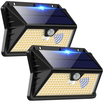 Immagine di Luce Solare LED Esterno, Faretto da Esterno con Sensore di Movimento 185 3 Modos Lampada IP65 Impermeabile Lampione per Giardino (Bianco Caldo) (2 Pezzi Bianco