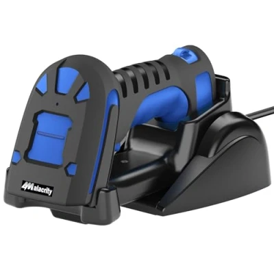 Immagine di Alacrity Scanner di codici a barre industriale 2D con stazione ricarica wireless, distanza trasmissione 400 m, 433 MHz Wireless &amp; Bluetooth 2 in 1, lettore antiurto,