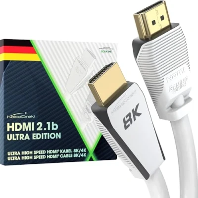 Immagine di KabelDirekt Cavo HDMI 2.1 8K, edizione Gamer certificata 2 m (8K@60Hz, ultra High Speed/48G per 10K, 8K o 144 Hz veloci a 4K, ottimale PS5/XBO e PC da gioco, monitor/TV, bianco)
