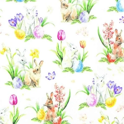 Immagine di 20 tovaglioli piccoli coniglietti su fiori primaverili Narcisi Tulipani Moglie della strega Pasqua 33 x cm