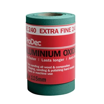 Immagine di ProDec Rotolo di carta abrasiva extra fine in ossido alluminio verde, grana 240, 5 m, per levigare legno, vernice, intonaco, stucco, metallo e altro, larghezza 115 mm, compatibile con levigatrici a