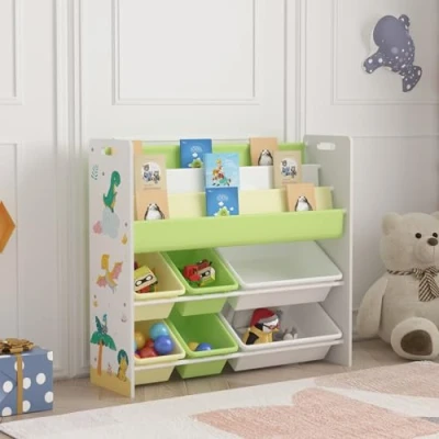 Immagine di [en.casa] Scaffale per Cameretta con Contenitori Morbidi a Scaletta Libri e Vaschette Porta Giochi Mobile Misura di Bimbi 78x86x27 cm Decorazione Dinosauro