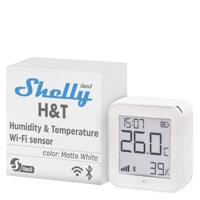 Immagine di Shelly Plus H&amp;T Gen. 3 Matte White Sensore di temperatura e umidità senza fili Bluetooth, Wi Fi