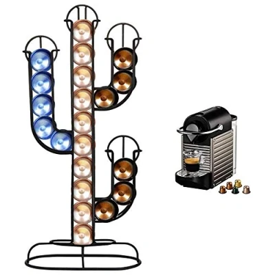 Immagine di Bakaji Portacapsule Porta Capsule Caffe&#039; Forma Cactus Dispenser Stand in Metallo 40 Posti Colore Nero Dimensione 42 x 10 19,5 cm Design Moderno