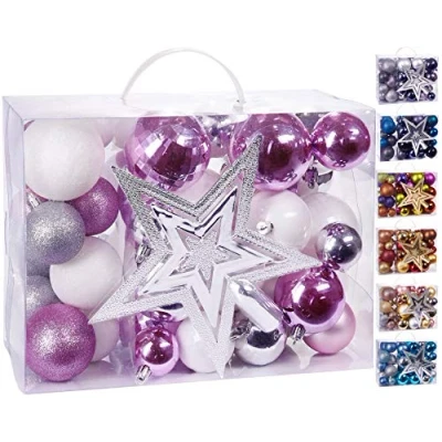 Immagine di Brubaker Set di 50 Pezzi Palline Natale con Cima d&#039;albero Decorazioni per L&#039;Albero in Rosa, Bianco e Argento
