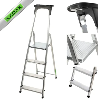 Immagine di KADAX Scala Pieghevole in Alluminio, Scaletta con Ripiano Portaoggetti, Gradini Antiscivolo e Piattaforma Ampia, Supporta Fino a 125 kg (4 Gradini)
