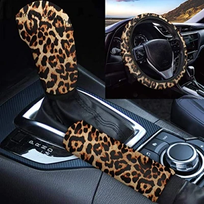 Immagine di Binienty Coprivolante allungabile+pomello del cambio copri freno a mano, motivo strisce di ghepardo leopardo animale, set 3 accessori per auto