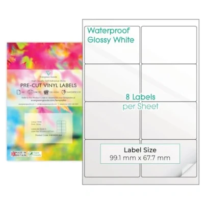 Immagine di 10 fogli A4 in vinile lucido (PVC) bianco pretagliato, impermeabili, multiuso, etichette autoadesive multi adesive, stampabili a getto d&#039;inchiostro (2 x 4 (8 per foglio)