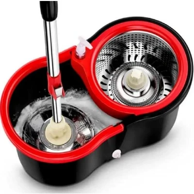 Immagine di JUNYFFF Secchio in Microfibra, Lavapavimenti Rotante A 360 E Acciaio Inox,Spin Mop per La Pulizia di Pavimenti, Set 1X Bucket, 4X Testa Mop,Nero