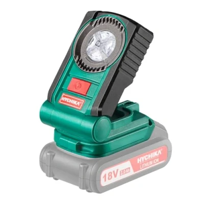 Immagine di lampada a batteria Hychika portatile da lavoro (batteria di sistema 18 V, 4 LED, 33 ore durata, testa della regolabile, impugnatura morbida, batterie e caricabatterie non inclusi)