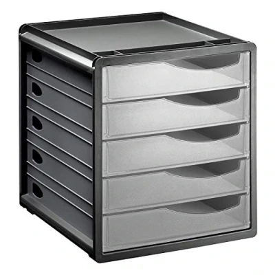 Immagine di Rotho Spacemaker Cassettiera/Scatola da Ufficio con 5 Cassetti, Plastica (PS) senza BPA, Trasparente/Nero, 33.5 x 28.5 32.0 cm
