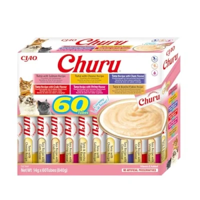Immagine di INABA Churu Snack per Gatti Cremoso in 4 Varietà al Tonno 60 Stick x 14g Cibo da Leccare, Sano e Delizioso Gatto Senza Conservanti o Coloranti Artificiali, Grain Free