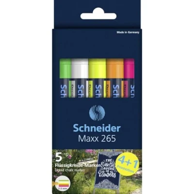 Immagine di Schneider Maxx 265 Set di 5 pennarelli a gesso (spessore del tratto: 2 3 mm, lavabile con umido, base d&#039;acqua, inodore)