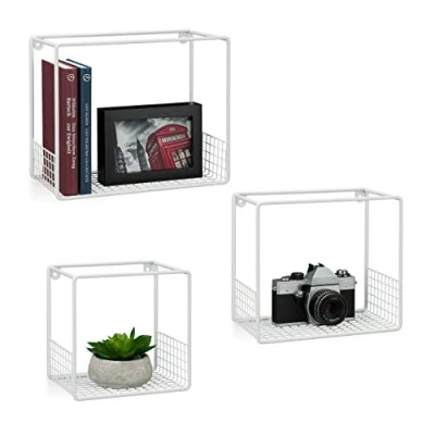 Immagine di relaxdays Mensole Cubo, Set 3 pz, Salotto, Struttura Griglia, Design Moderno, Scaffali Muro Metallo, P:15 cm, in bianco