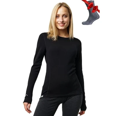 Immagine di Maglia Termica Donna di Lana Merinos Merino Maglietta Maniche Lunghe Pesante Calda Magliette Intimo Base Layer + Le Calze in (X Large, 320 Black)