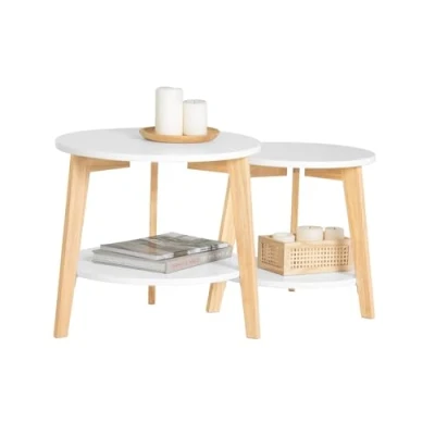 Immagine di SoBuy Set di 2 Tavolini Bassi da Salotto in Legno massiccio hevea e MDF con 4 ripiani bianco FBT75 W