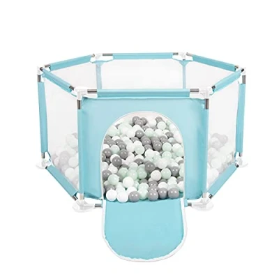Immagine di Selonis Recinto Esagonale Per Bambini Con 400 Palline Colorate Di Plastica 6 Cm, Menta:Bianco/Grigio/Menta