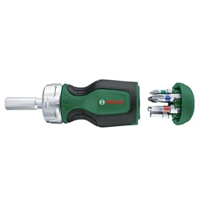 Immagine di Bosch Home and Garden Cacciavite a Cricchetto con 6 Bit, Compatto Coppia Elevata per Un Fissaggio Potente, Bit in Dotazione, Ergonomico, Portabit Magnetico