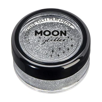 Immagine di Polvere Glitter finissimo classico della Moon 100% Cosmetico per viso, corpo, unghie, capelli e labbra 5gr Argento