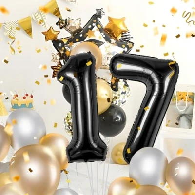 Immagine di Palloncini Compleanno 17 anni Noir 101 CM Palloncino Numero Gonfiabile in Foil Decorazioni di un uomo donna Vola con l&#039;Elio
