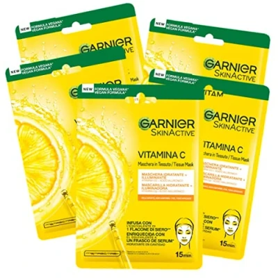 Immagine di Garnier Maschera in Tessuto Skin Active Hydra Bomb, Idratante e Illuminante, Con Vitamina C Acido Ialuronico, Per Pelli Spente Non Uniformi, Confezione da 5