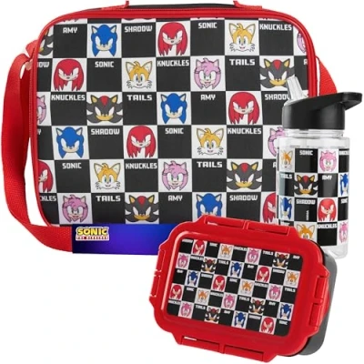 Immagine di Get Trend Sonic the Hedgehog Borsa Porta Pranzo con Merenda Borraccia Bambini Senza BPA Set 3 Pz Materiale Scolastico per Viaggiare Picnic (Rosso Sonic)