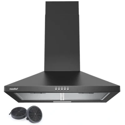 Immagine di COMFEE CHT 3.6A17B Cappa aspirante 60 cm, con filtro a carboni attivi, flusso d&#039;aria 400 m3/h, antigrasso lavabile, 3 livelli, camino regolabile, 1 luce LED, colore nero