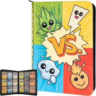 Immagine di Raccoglitore Carte 3D per Pokemon Design dei Tipi di PKM in Rilievo Pelle PU Album con Cerniera e 9 Pasche 360 carte. Porta Contenitore/Card Binder