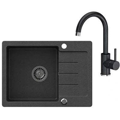 Immagine di VBChome Lavello singolo da incasso, 60 x 44 cm, in granito composito puntiforme, reversibile, con sifone, Nero