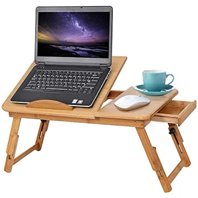 Immagine di Ejoyous Tavolo da letto per computer portatile, vassoio pranzo supporto in bambù regolabile e pieghevole, 4 angoli di inclinazione con cassetto fori ventilazione