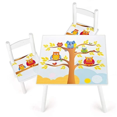 Immagine di Leomark Tavolo e 2 sedie in legno, gufi, per bambini, piccolo ufficio, colore bianco, dimensioni: 60 x 42, durevole, multiuso facile da installare