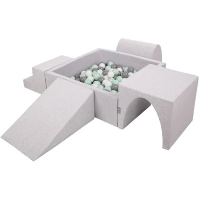 Immagine di KiddyMoon Area di Gioco in Schiuma con Quadrato Piscina Palline (200 Palline) per Bambini, Grigioch:Bianco/Grigio/Menta