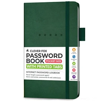Immagine di Clever Fox Libro delle password, organizer alfabetizzato per indirizzi Internet e computer siti web, diario password di accesso, tasca, 9,5 x 16 cm, copertina rigida (verde scuro)