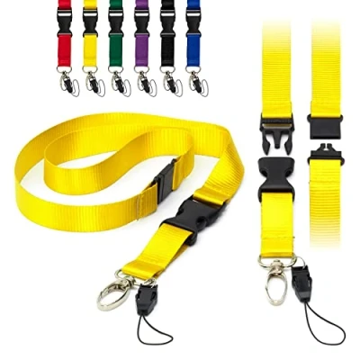 Immagine di Giallo Cordini piatti staccabili da 2 cm, con fibbia, chiusura a strappo di sicurezza, clip in metallo e porta badge per cordino identificativo Pacco 50 pezzi unità