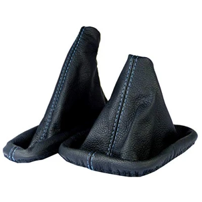 Immagine di L &amp; P Car Design L&amp;P A0186 Set Cuffia Leva Cambio e Freno a Mano Compatibile con BMW E36 Vera Pelle Nero Cucitura Blu