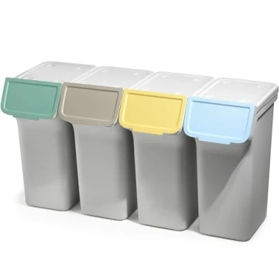 Immagine di KADAX pattumiera con coperchio, in plastica, per la raccolta dei rifiuti, rettangolare, coperchio ribaltabile (grigio, 4 x 25 L)