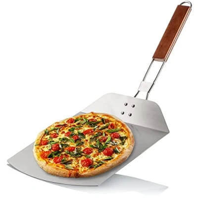 Immagine di COM FOUR® pala pizza in acciaio inox 430 alza e torta con manico legno panini pane pieghevole (argento/nero angolare)